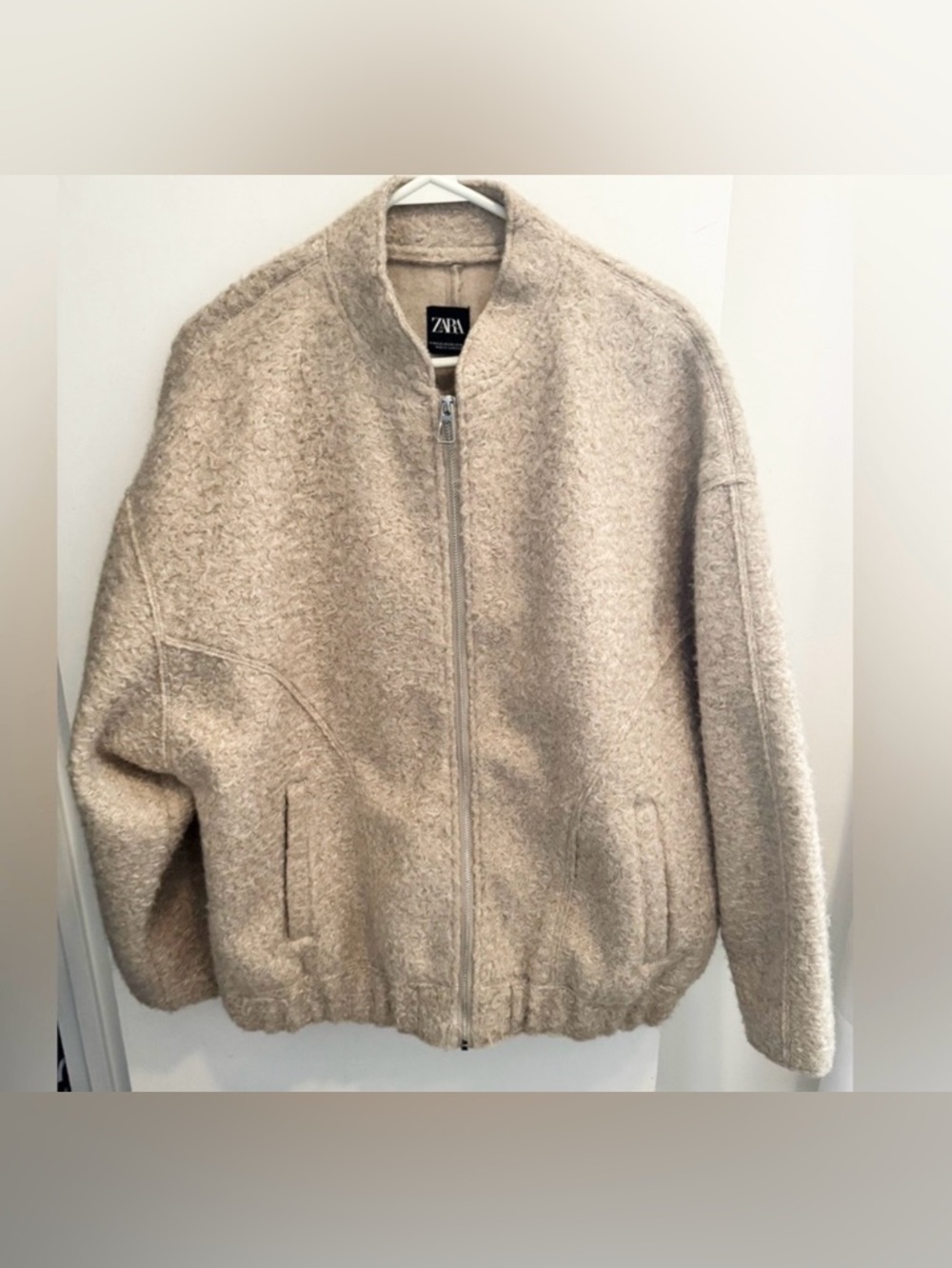 ZARA OVERSIZED BOMBER JACKET BEIGE MARLED BOUCLE VIRAL street slouchy boho S